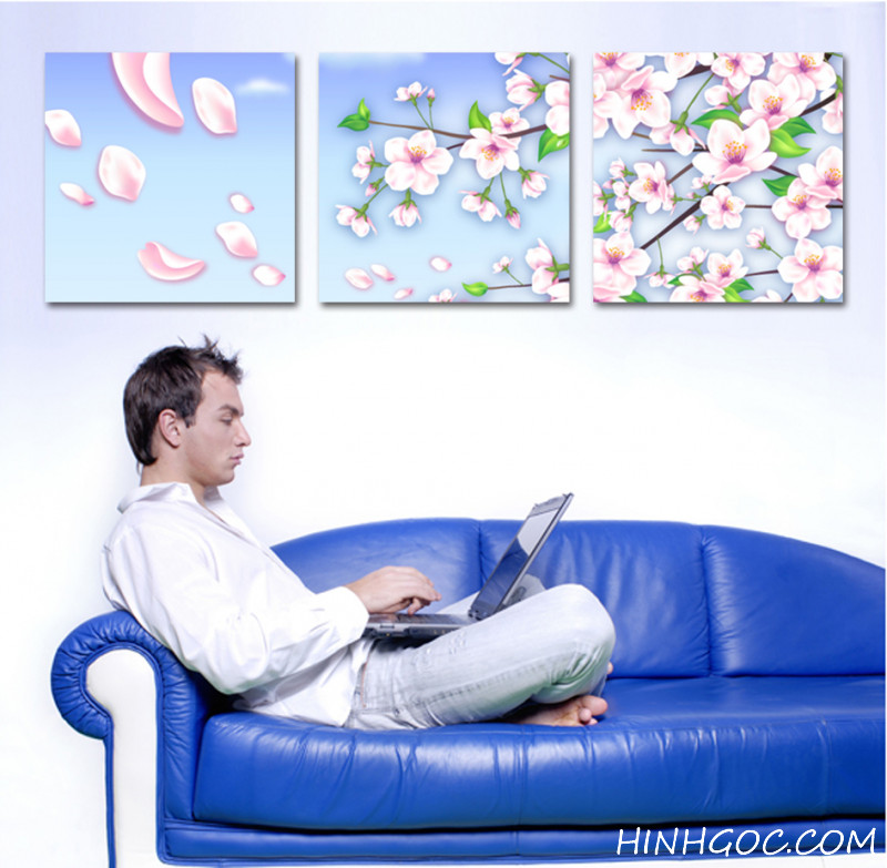File tranh bộ 3 bức hoa đào xuân  - FR308
