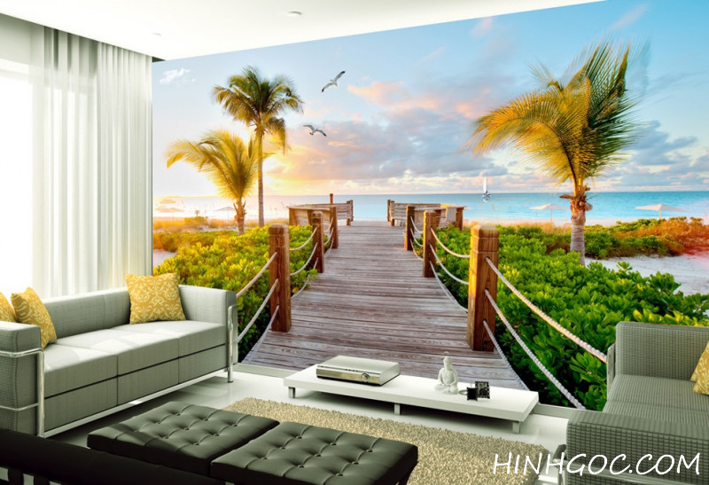 File tranh cảnh bình minh cầu gỗ bên bờ biển - HG1007