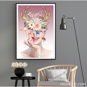 File tranh nghệ thuật chân dung thiếu nữ và hoa - HG1011