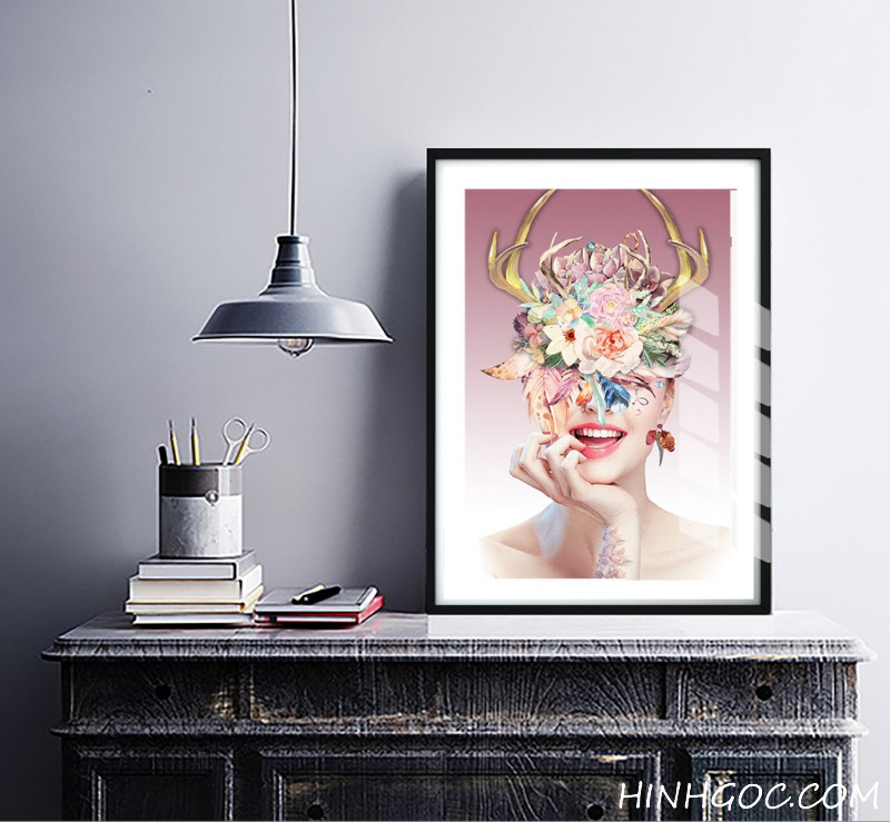 File tranh nghệ thuật chân dung thiếu nữ và hoa - HG1011