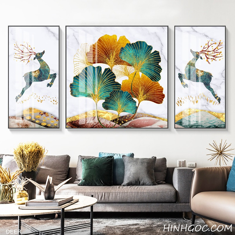 File tranh vẽ tay hiện đại lá bạch quả kết hợp hươu sừng - HG1016