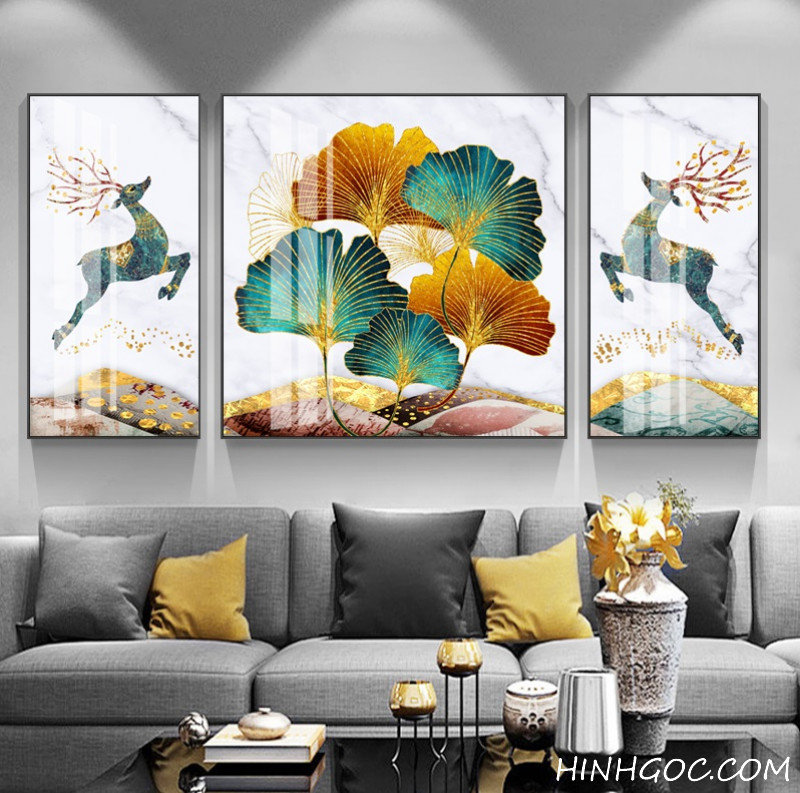 File tranh vẽ tay hiện đại lá bạch quả kết hợp hươu sừng - HG1016