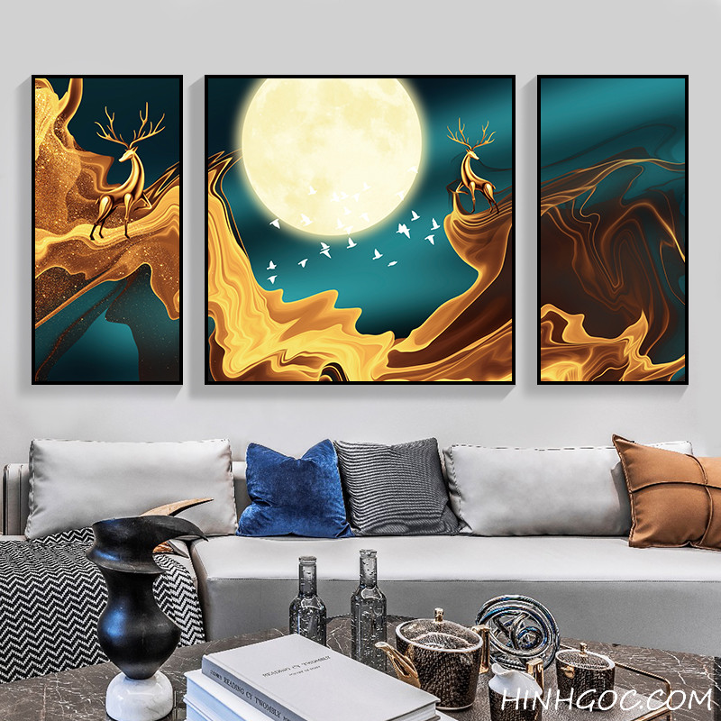 File tranh phong cảnh bầu trời trăng rằm kết hợp hươu nai - HG1060