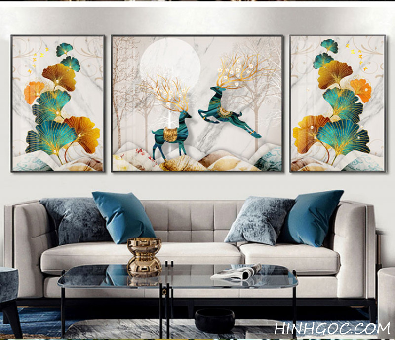 File tranh trừu tượng hiện đại lá bạch quả kết hợp hươu nai - HG326