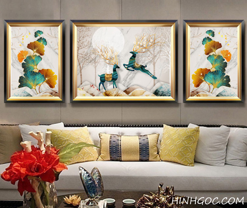 File tranh trừu tượng hiện đại lá bạch quả kết hợp hươu nai - HG326