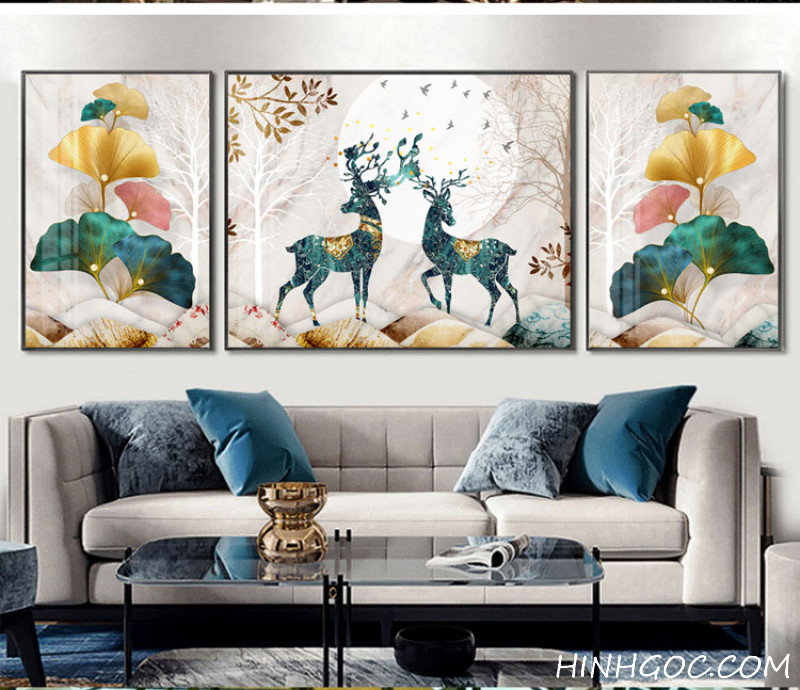 File tranh trừu tượng hiện đại lá bạch quả kết hợp hươu nai - HG327