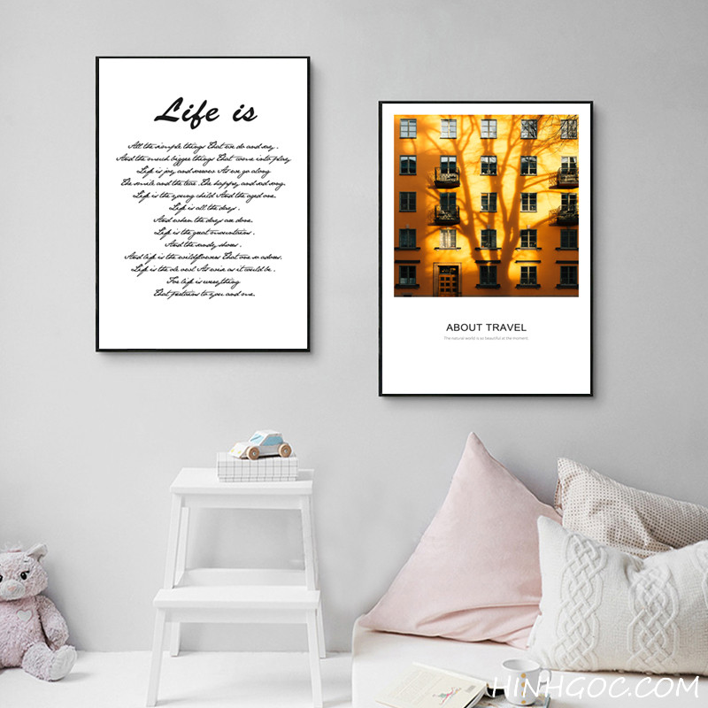 File tranh bộ 5 kết hợp cảnh quan kiến trúc và quote tông vàng - HG505