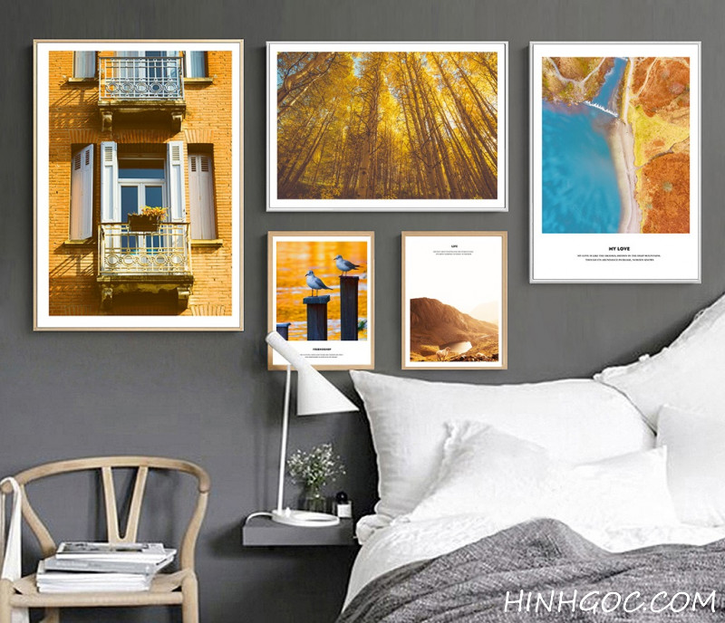 File tranh bộ 5 bức kết hợp phong cảnh tông vàng - HG507