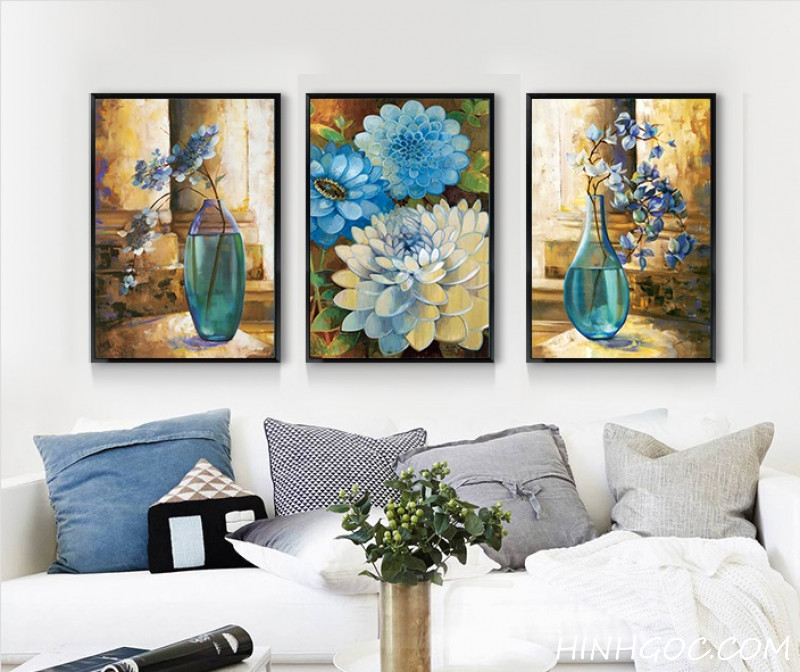 File tranh sơn dầu bình hoa thủy tinh xanh - HG331
