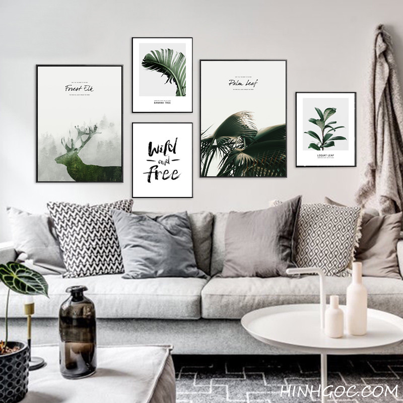 File tranh bộ 5 bức kết hợp lá cây và quote - HG5006
