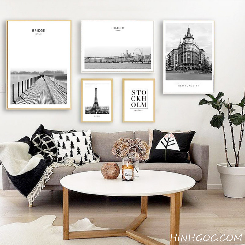 File tranh bộ 5 kết hợp phong cảnh châu Âu đen trắng - HG5007