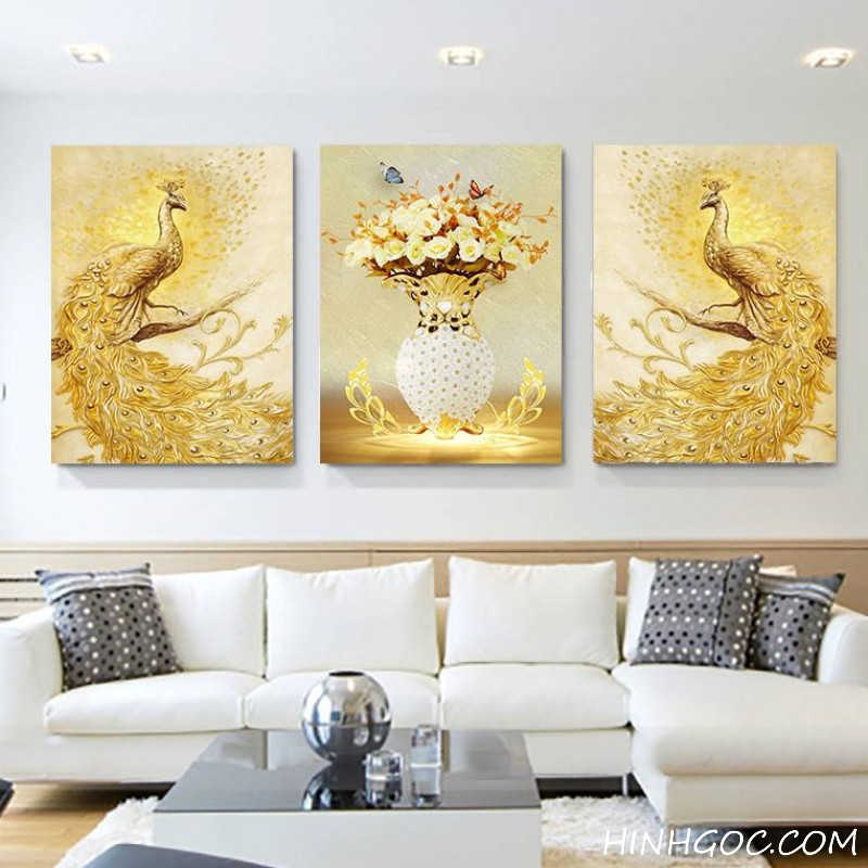 File tranh bình hoa và chim công vàng - F300