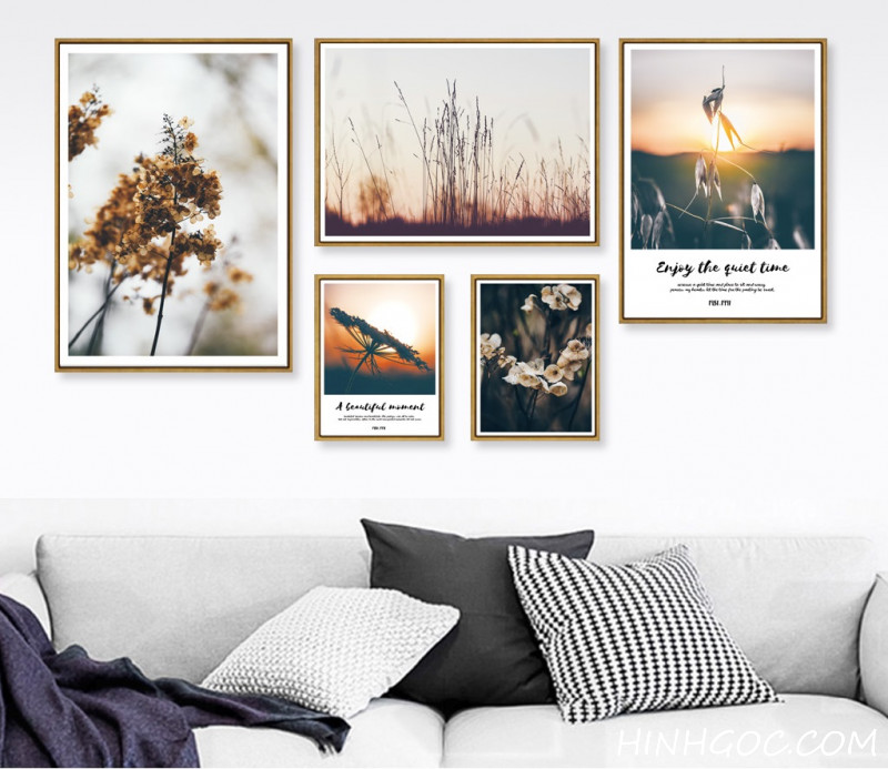 File tranh bộ 5 bức kết hợp hoa cỏ lúc hoàng hôn và quote - HG509