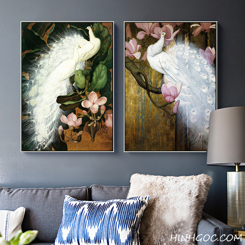 File tranh sơn dầu chim công trắng - HG342