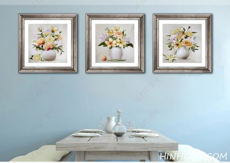 File tranh bộ 3 bức bình hoa vẽ tay - BH014