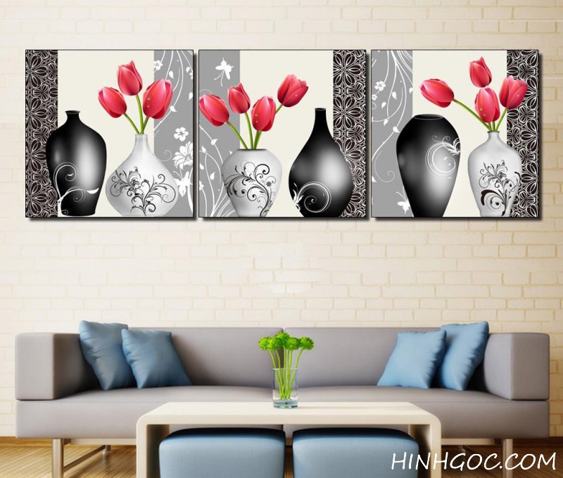 File tranh bộ 3 bình hoa tulip đỏ - BH019
