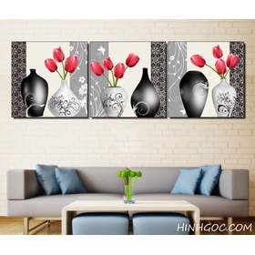 File tranh bộ 3 bình hoa tulip đỏ - BH019