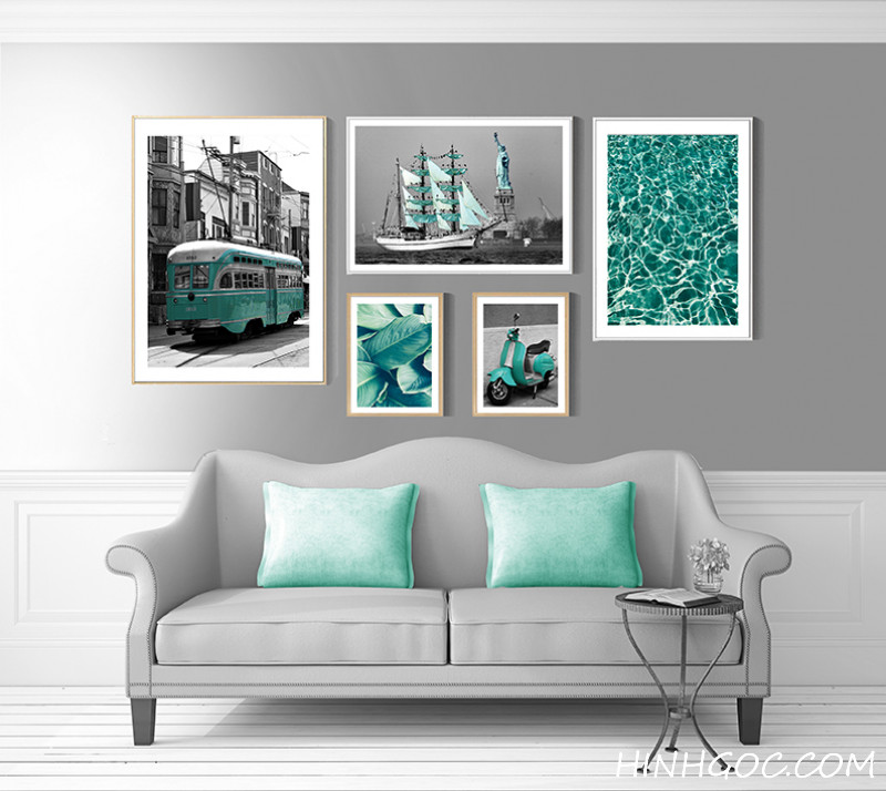 File tranh bộ 5 bức kết hợp xanh ngọc lam phương tiện và thiên nhiên - HG519