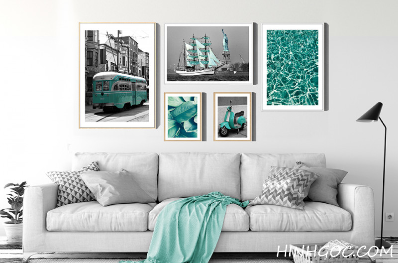 File tranh bộ 5 bức kết hợp xanh ngọc lam phương tiện và thiên nhiên - HG519