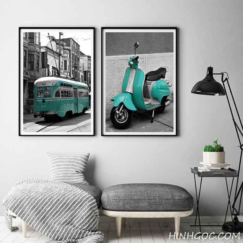 File tranh bộ 5 bức kết hợp xanh ngọc lam phương tiện và thiên nhiên - HG519