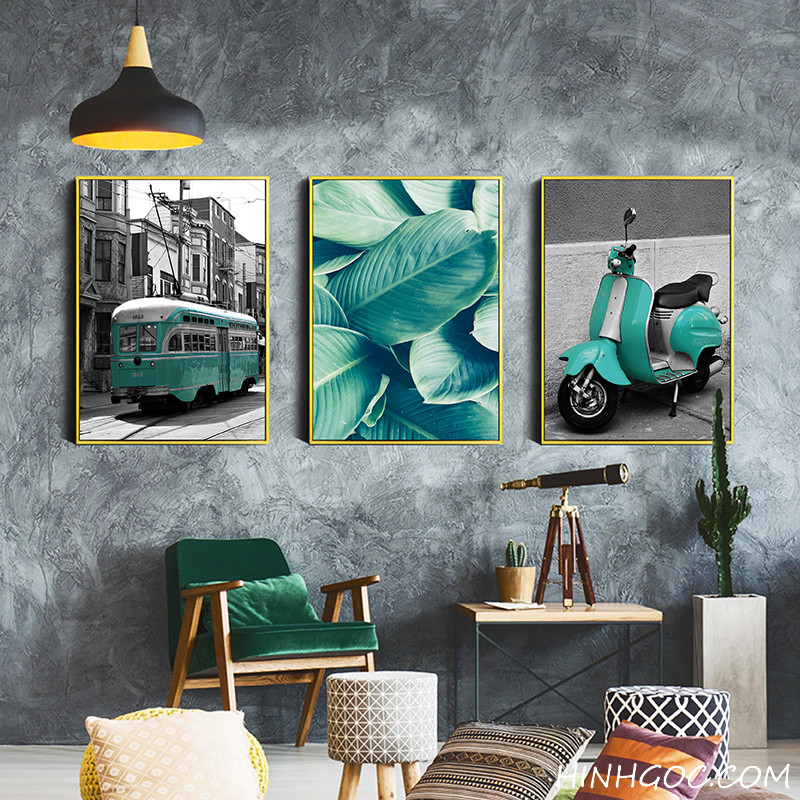 File tranh bộ 5 bức kết hợp xanh ngọc lam phương tiện và thiên nhiên - HG519