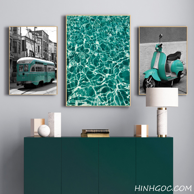 File tranh bộ 5 bức kết hợp xanh ngọc lam phương tiện và thiên nhiên - HG519