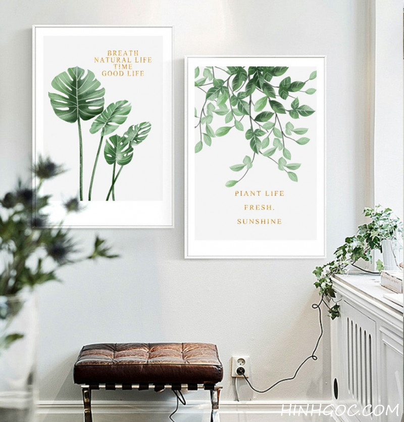 File tranh bộ 3 bức lá nhiệt đới vẽ tay - HG347