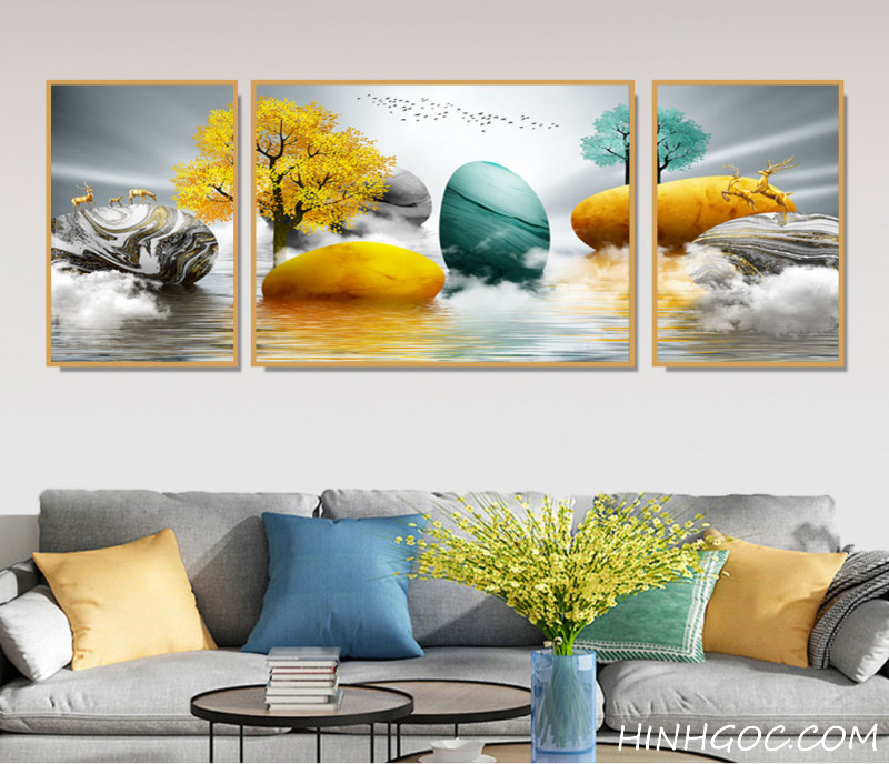 File tranh phong cảnh hiện đại hươu nai và đá nghệ thuật - HG178