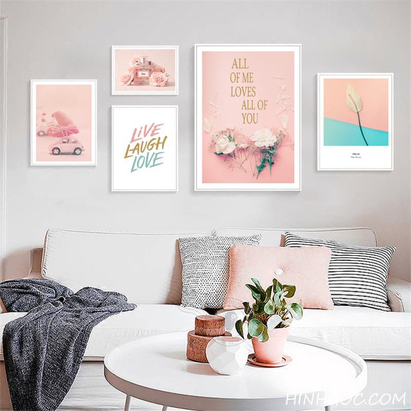 File tranh 5 bức kết hợp hoa tươi nền hồng Bắc Âu - HG527