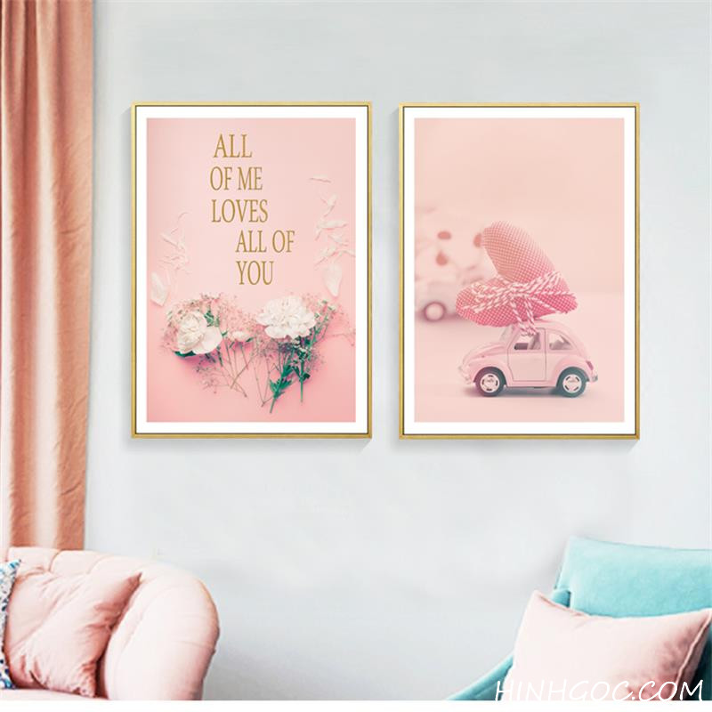 File tranh 5 bức kết hợp hoa tươi nền hồng Bắc Âu - HG527