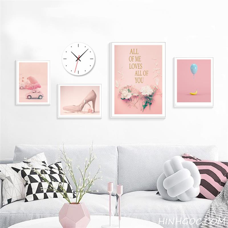 File tranh 5 bức kết hợp hoa tươi nền hồng Bắc Âu - HG527