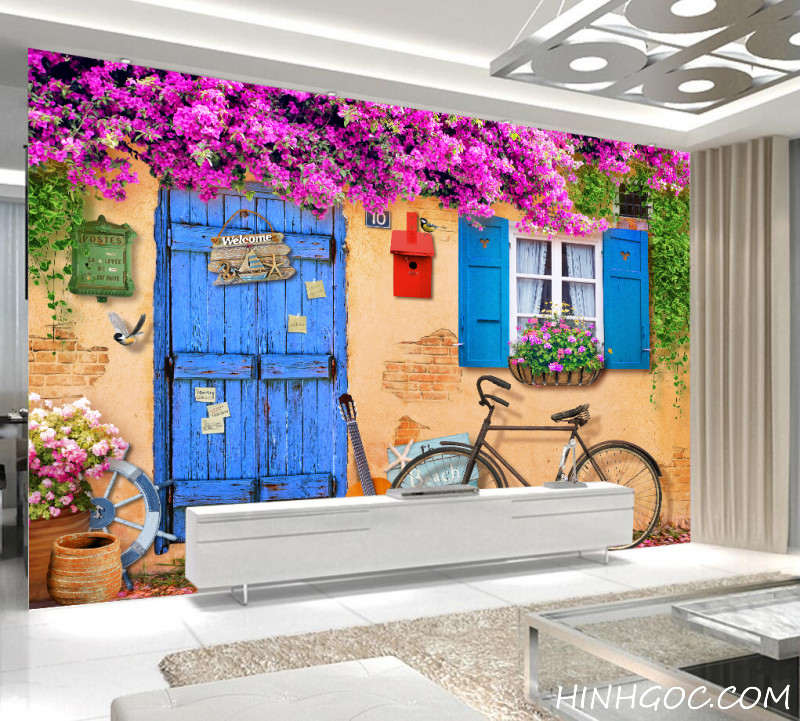 File tranh tường nền hoa giấy trên hiên nhà - DT013