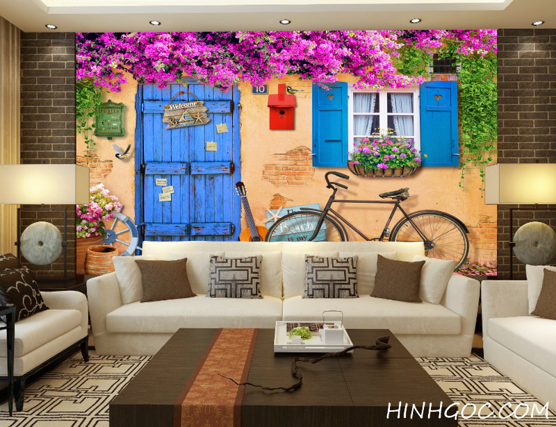 File tranh tường nền hoa giấy trên hiên nhà - DT013