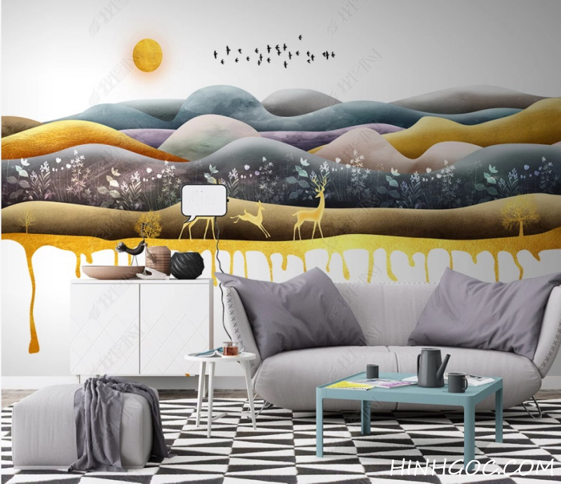 File tranh vẽ tay phong cảnh hươu nai mực vàng - OP19170324