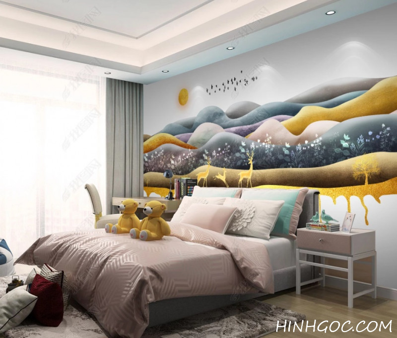 File tranh vẽ tay phong cảnh hươu nai mực vàng - OP19170324