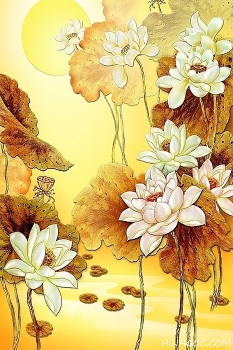 File tranh hồ sen trắng tông vàng - S003