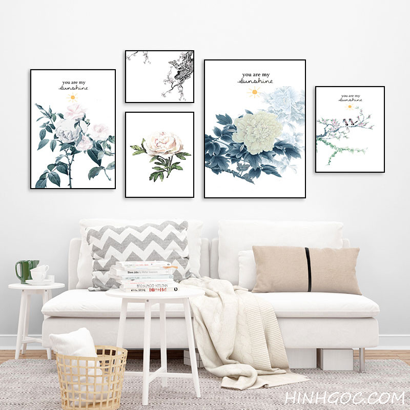 File tranh bộ 5 bức kết hợp hoa lá vẽ tay - OP17516446