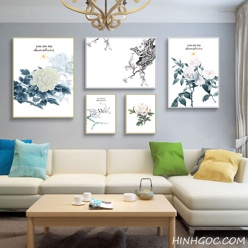 File tranh bộ 5 bức kết hợp hoa lá vẽ tay - OP17516446