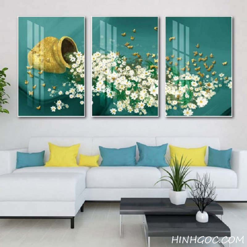 File tranh bình hoa cúc họa mi nền xanh - OP18689863
