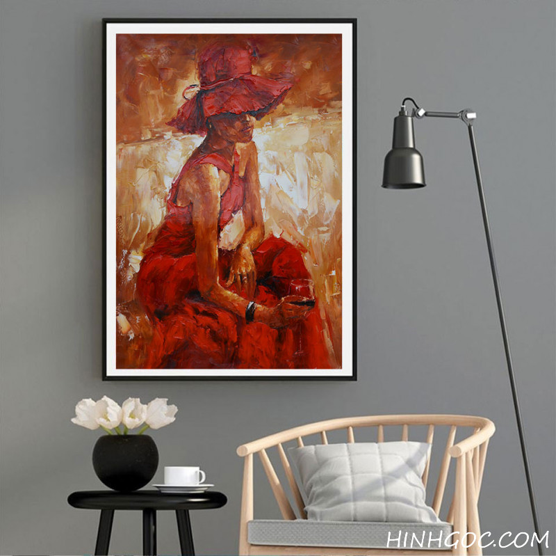 File tranh sơn dầu chân dung thiếu nữ và ly rượu - OP18857125