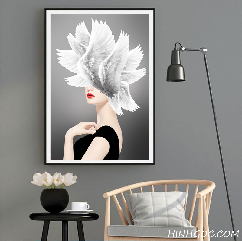 File tranh chân dung cô gái và cánh lông vũ - OP23943606