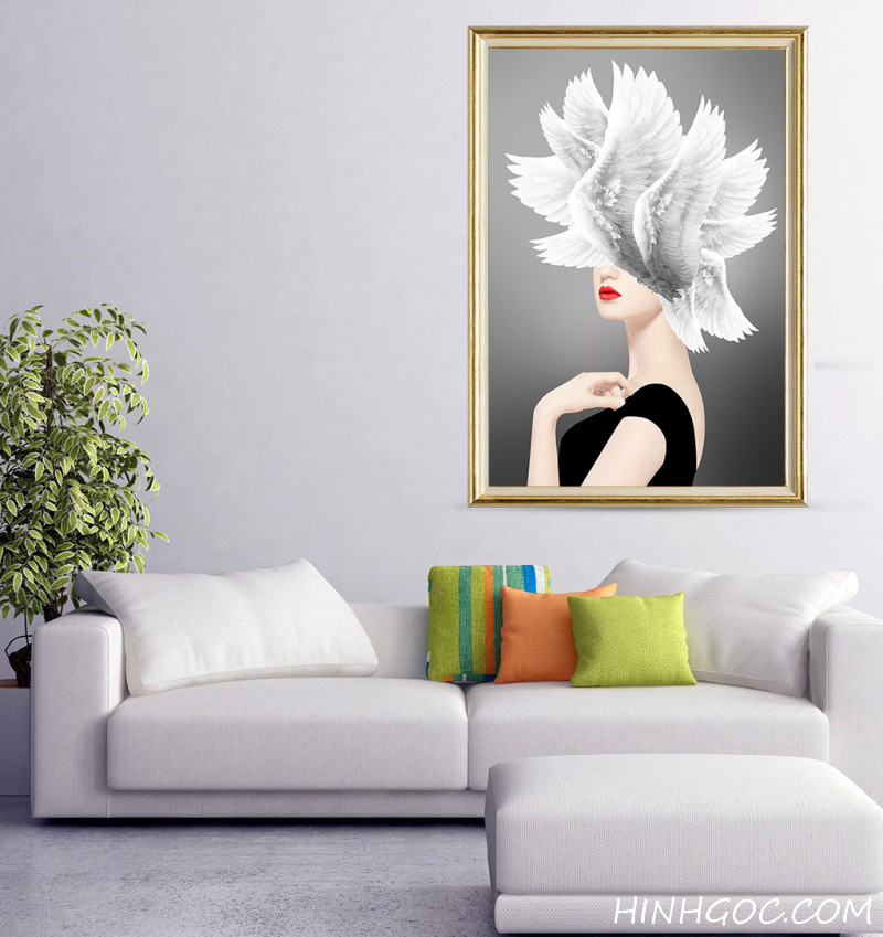 File tranh chân dung cô gái và cánh lông vũ - OP23943606