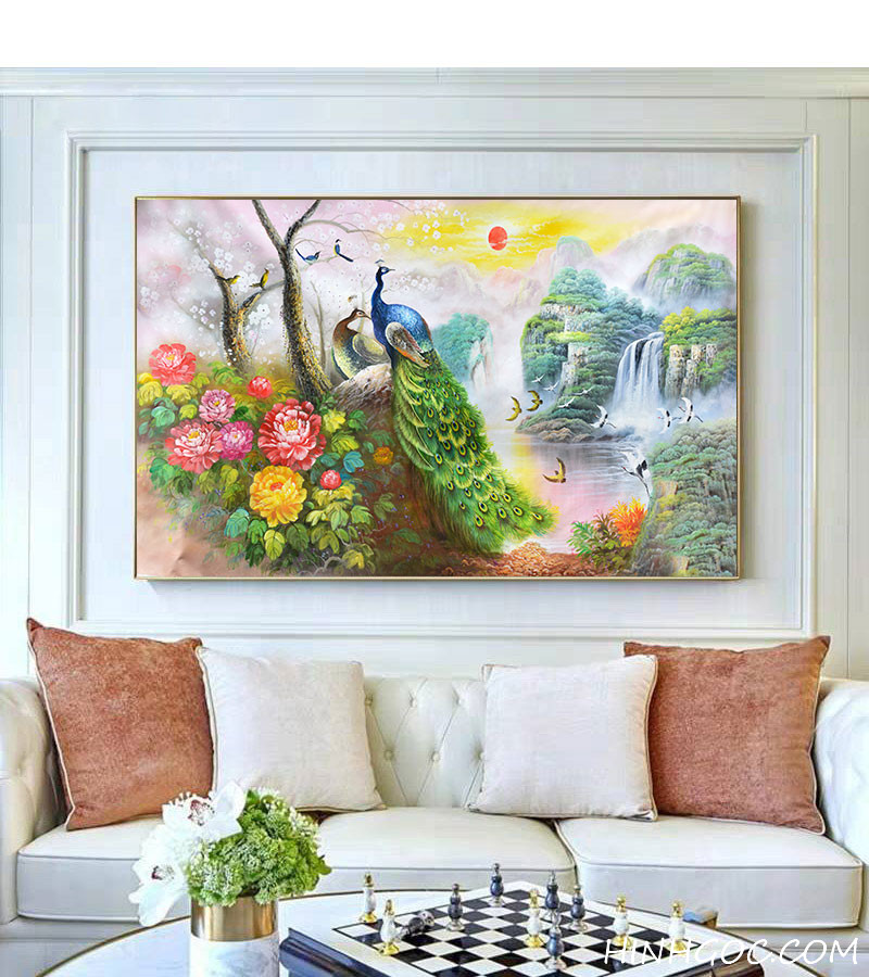 File tranh sơn dầu chim công và phong cảnh sơn thủy hữu tình - OP16626381