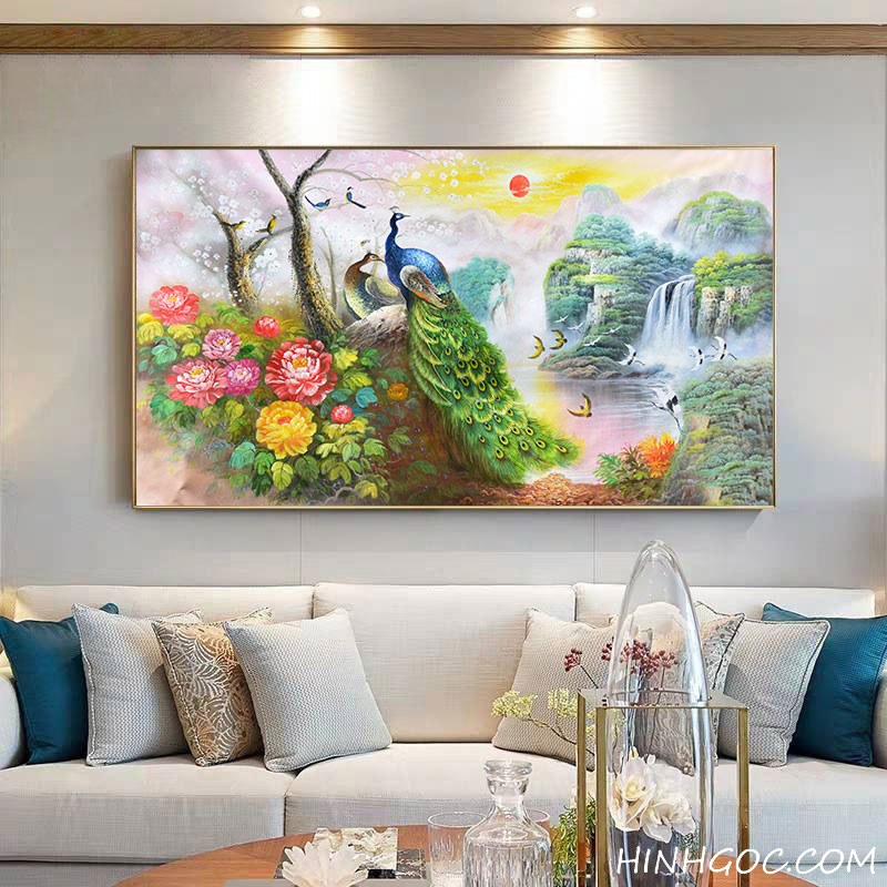File tranh sơn dầu chim công và phong cảnh sơn thủy hữu tình - OP16626381