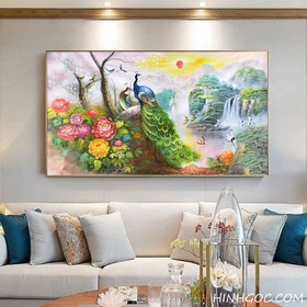 File tranh sơn dầu chim công và phong cảnh sơn thủy hữu tình - OP16626381