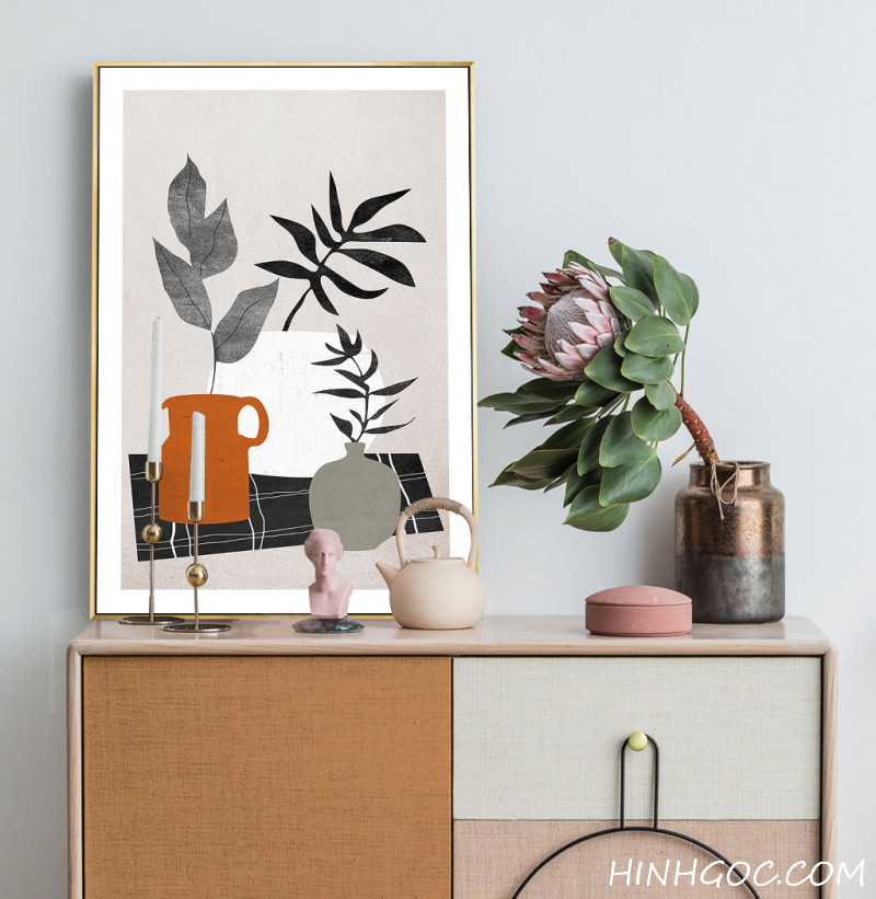 File tranh nghệ thuật tối giản bình lá cây vẽ tay - OP23438092