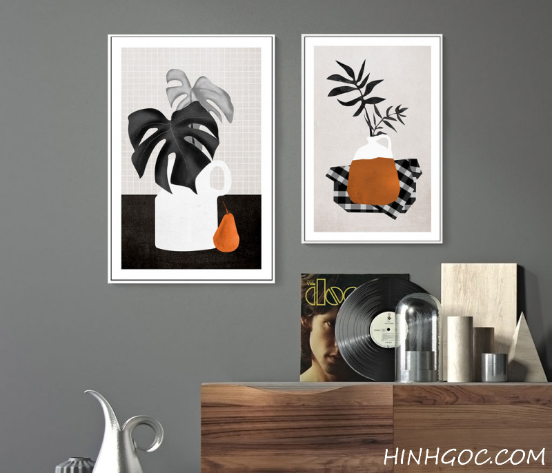 File tranh nghệ thuật tối giản bình lá cây vẽ tay - OP23438092