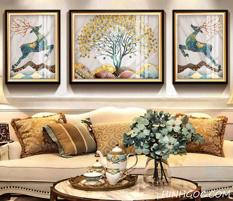 File tranh trừu tượng hiện đại cây cổ thụ và hươu nai - HG337