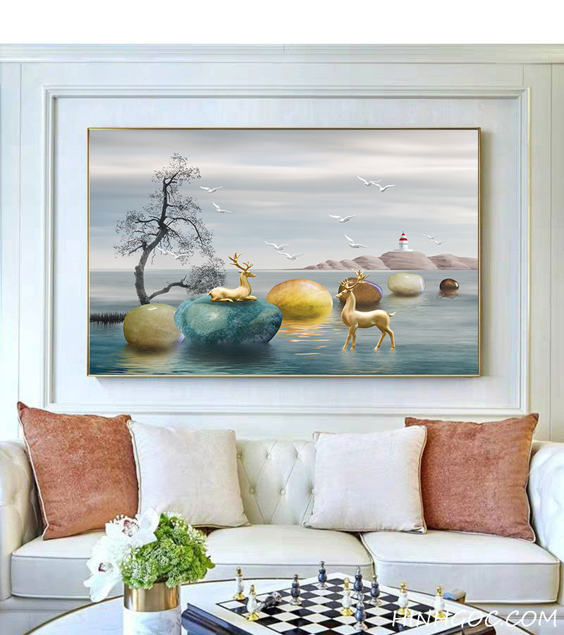 File tranh phong cảnh hươu nai đá cuội - OP23430527